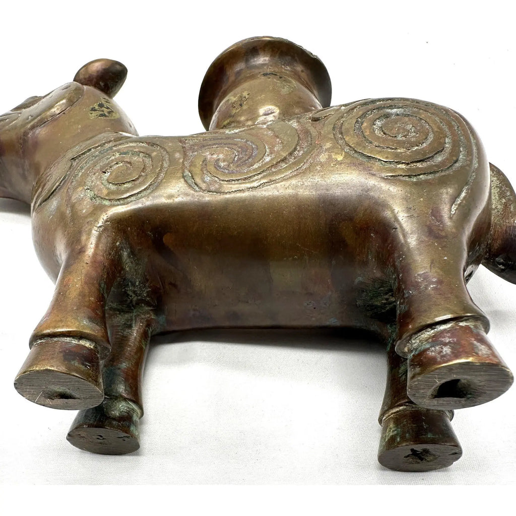 19th Century Chinese Archaic Bronze Xizun Mythical Beast Candle Holder, Qing Dynasty Fanggu Revival, Taotie Ritual Vessel Style Bronze
