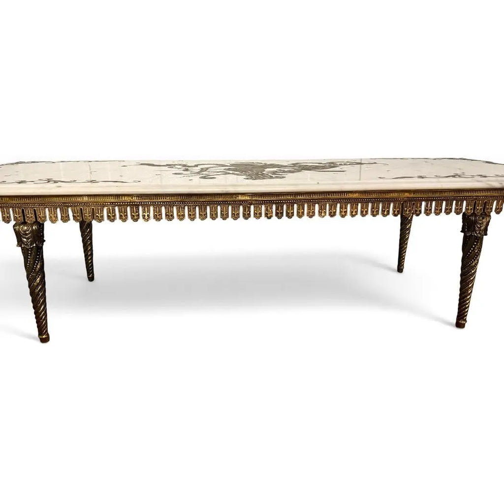Vintage Italian Neoclassical Etched Marble and Gilt Brass Low Coffee Table