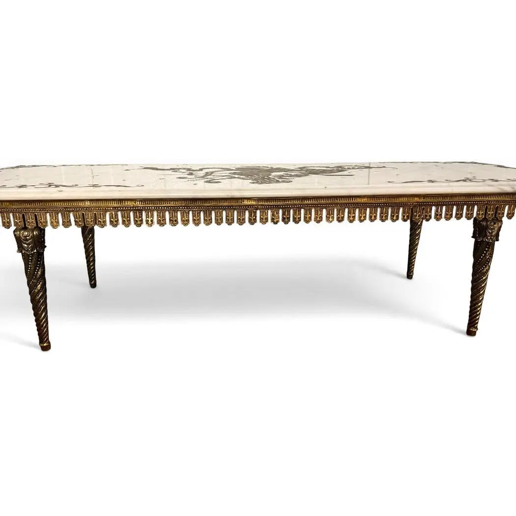 Vintage Italian Neoclassical Etched Marble and Gilt Brass Low Coffee Table