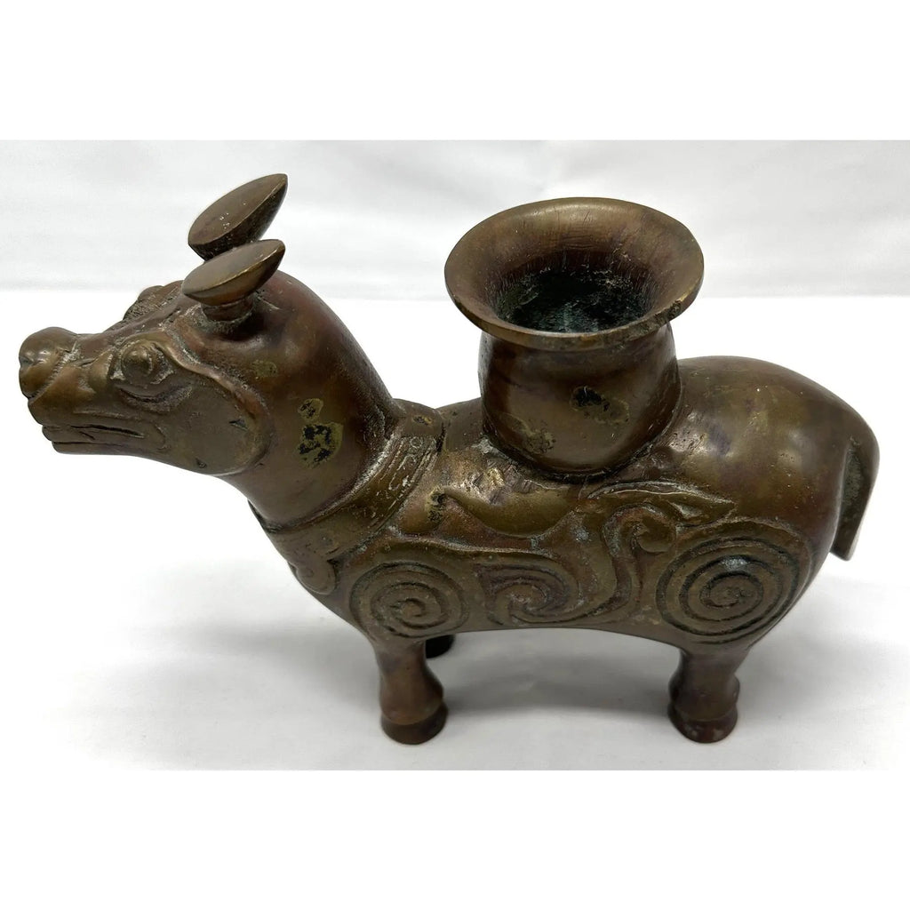 19th Century Chinese Archaic Bronze Xizun Mythical Beast Candle Holder, Qing Dynasty Fanggu Revival, Taotie Ritual Vessel Style Bronze