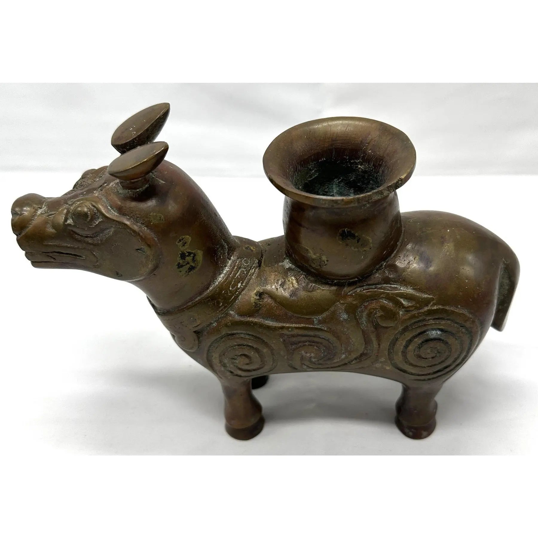19th Century Chinese Archaic Bronze Xizun Mythical Beast Candle Holder, Qing Dynasty Fanggu Revival, Taotie Ritual Vessel Style Bronze