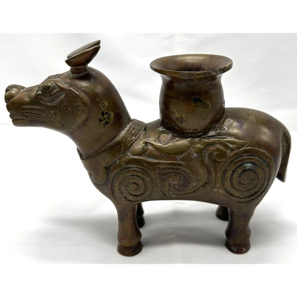 19th Century Chinese Archaic Bronze Xizun Mythical Beast Candle Holder, Qing Dynasty Fanggu Revival, Taotie Ritual Vessel Style Bronze