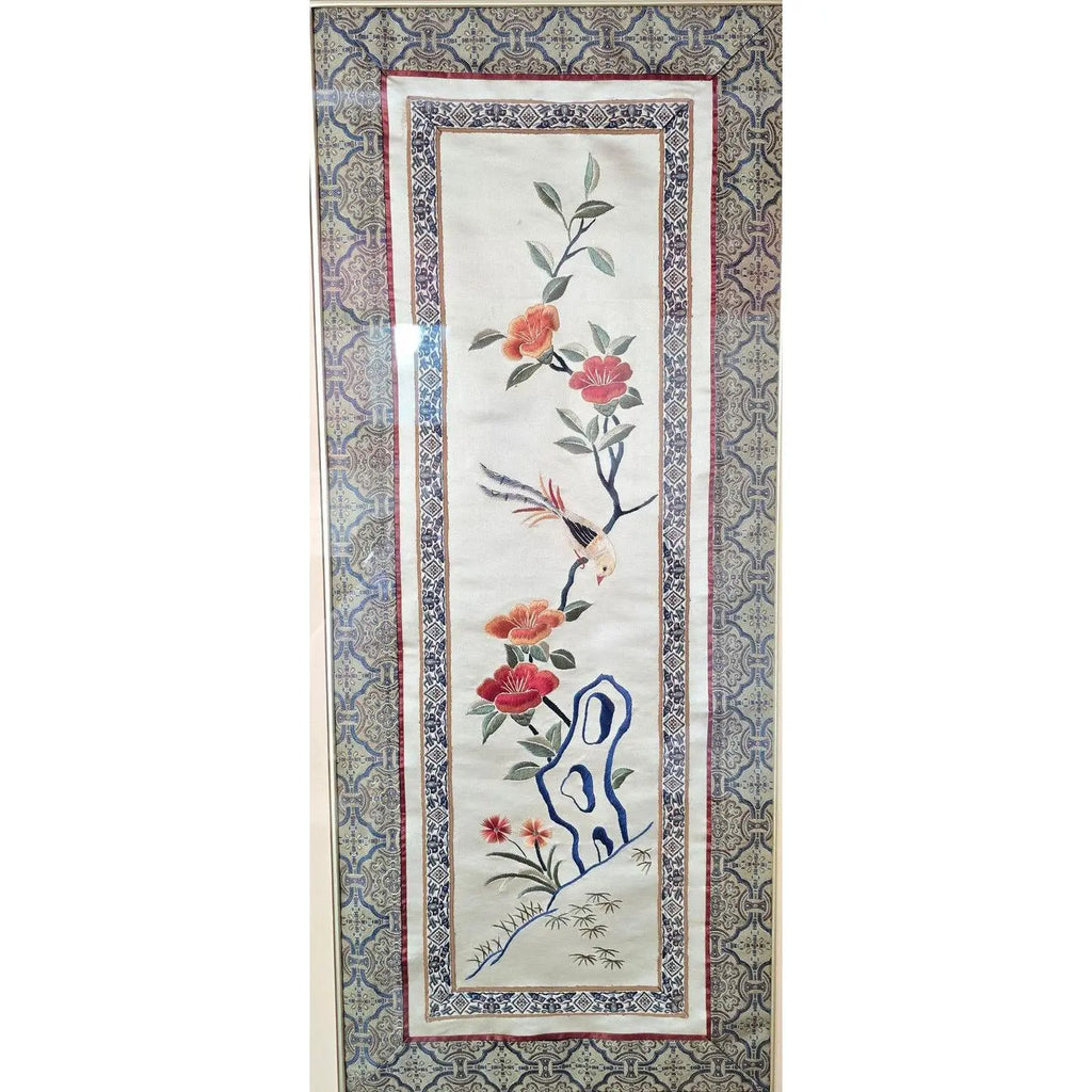 Vintage Framed Chinese Silk Embroidery Panel - Bird & Floral Motif
