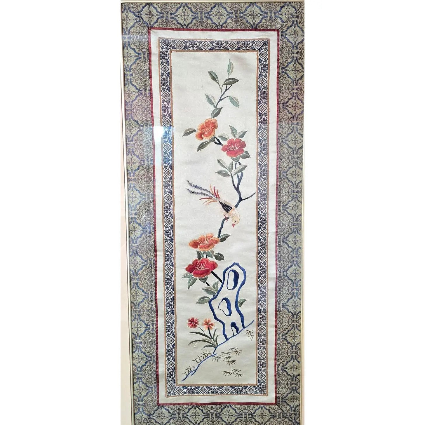 Vintage Framed Chinese Silk Embroidery Panel - Bird & Floral Motif