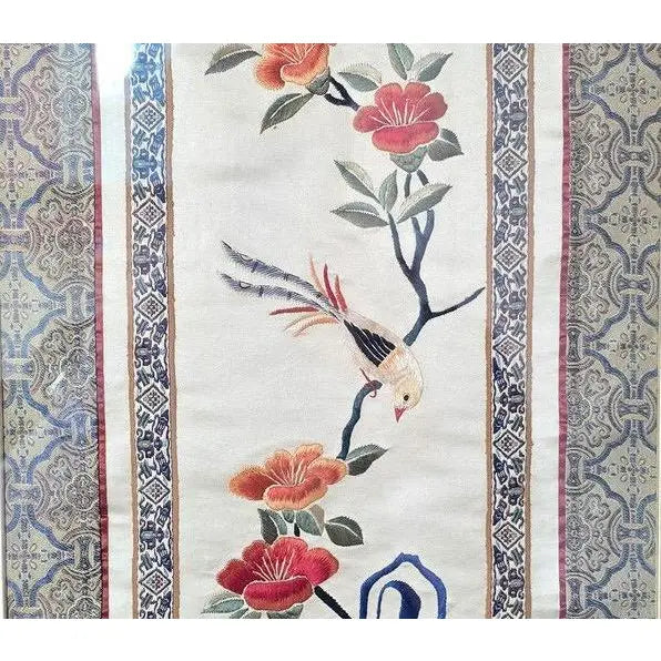 Vintage Framed Chinese Silk Embroidery Panel - Bird & Floral Motif