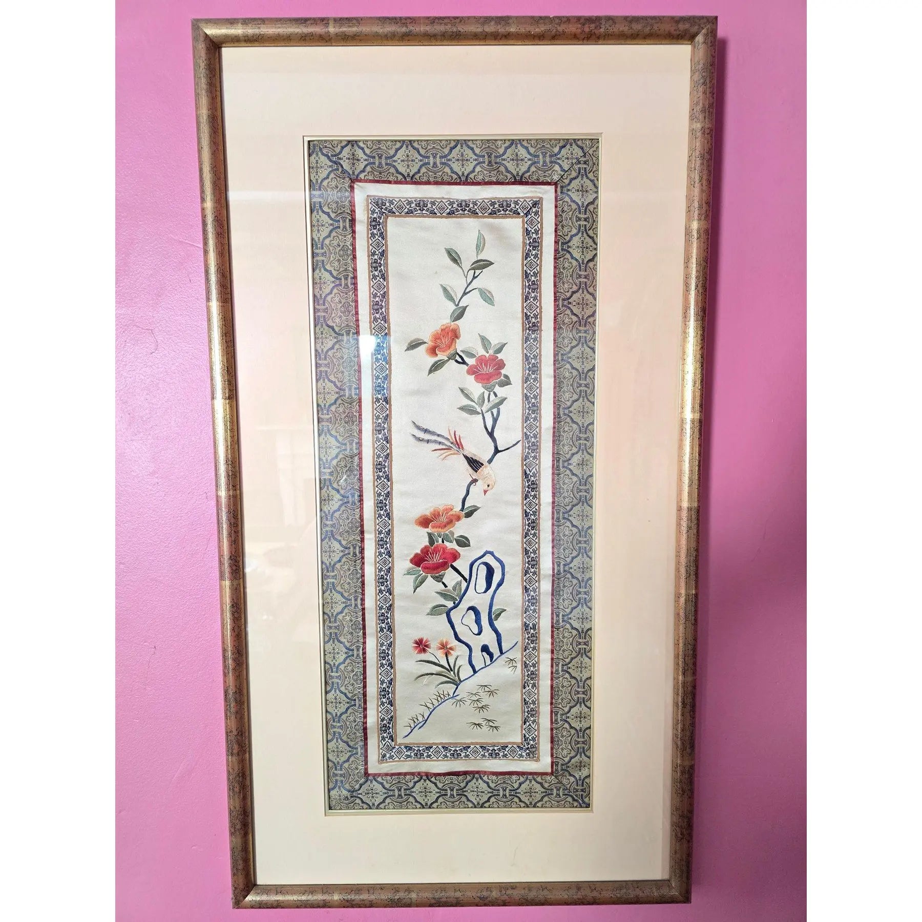 Vintage Framed Chinese Silk Embroidery Panel - Bird & Floral Motif