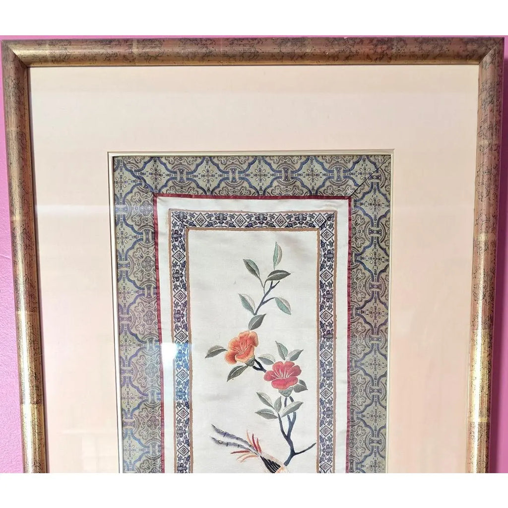 Vintage Framed Chinese Silk Embroidery Panel - Bird & Floral Motif