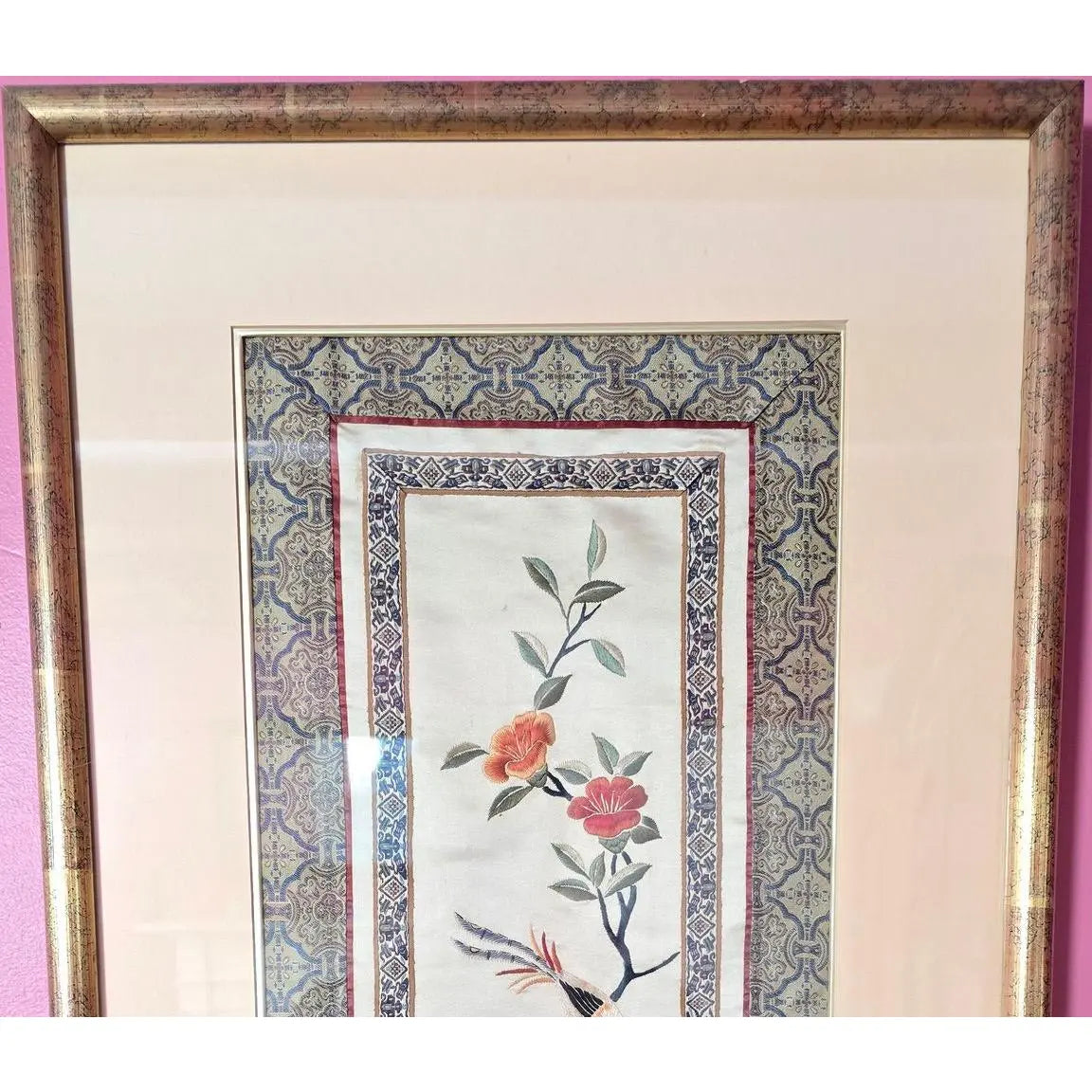 Vintage Framed Chinese Silk Embroidery Panel - Bird & Floral Motif