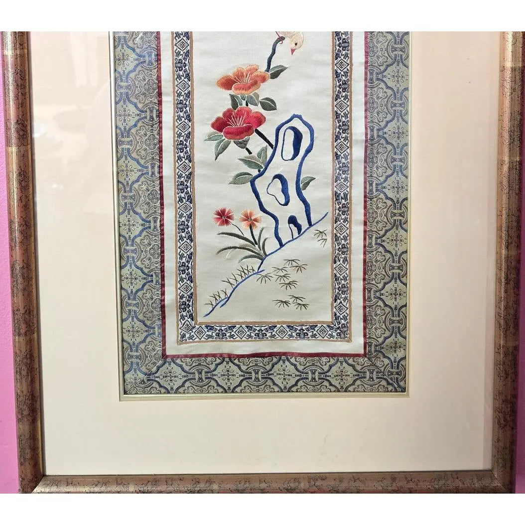 Vintage Framed Chinese Silk Embroidery Panel - Bird & Floral Motif