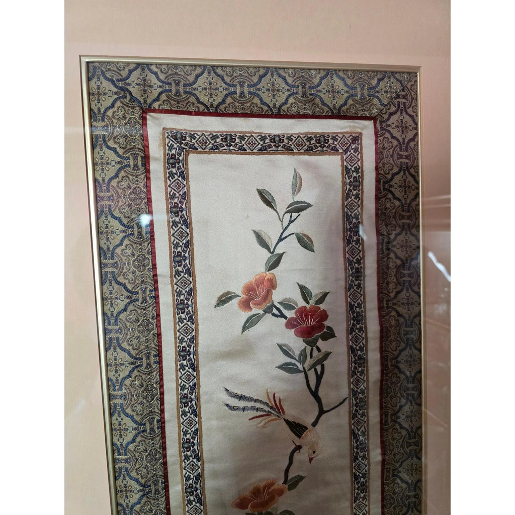 Vintage Framed Chinese Silk Embroidery Panel - Bird & Floral Motif
