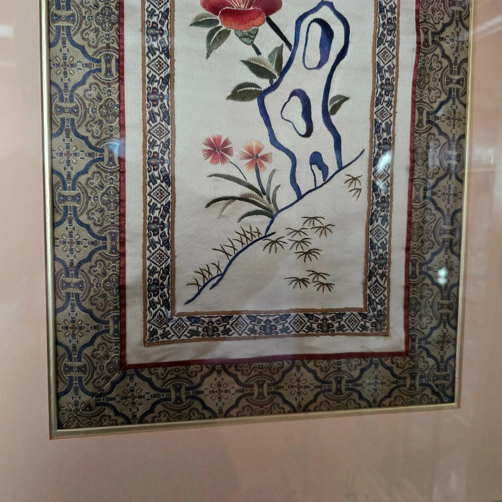 Vintage Framed Chinese Silk Embroidery Panel - Bird & Floral Motif