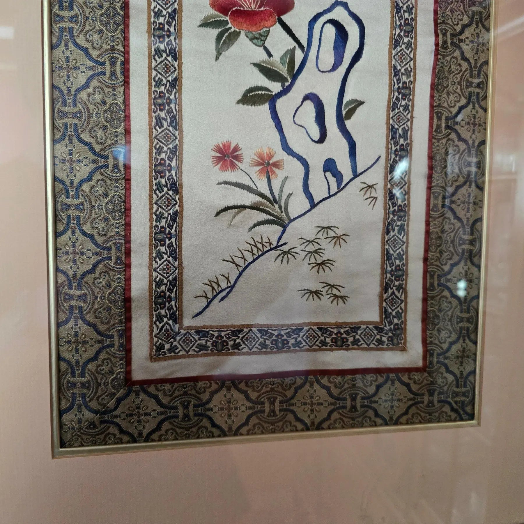 Vintage Framed Chinese Silk Embroidery Panel - Bird & Floral Motif