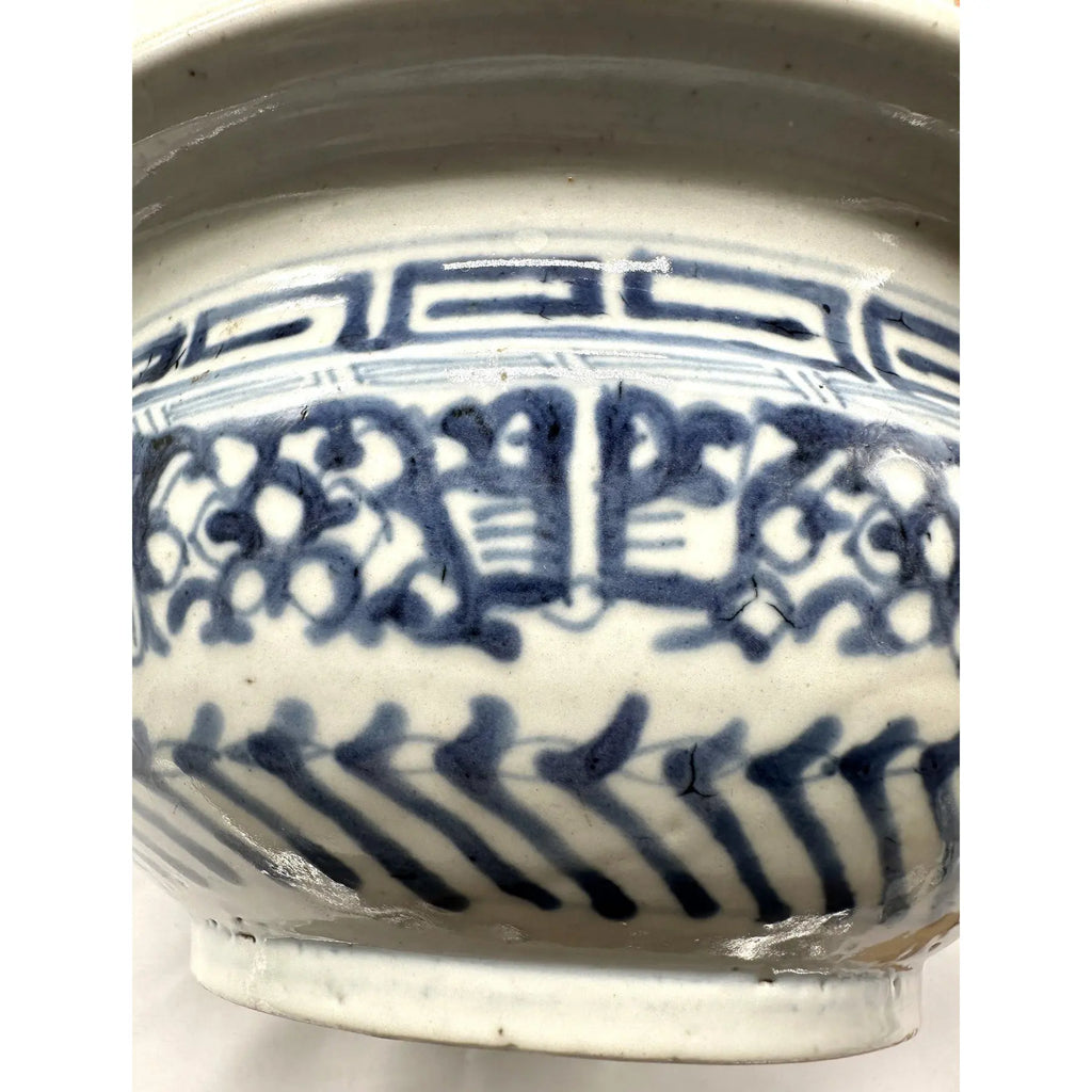 Large Antique 19th Century Chinese Blue and White Porcelain Censer Bowl 11 Inch