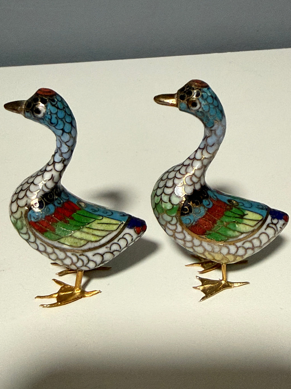Vintage Hand-Wired Chinese Cloisonne Duck Pair Polychrome Enamel