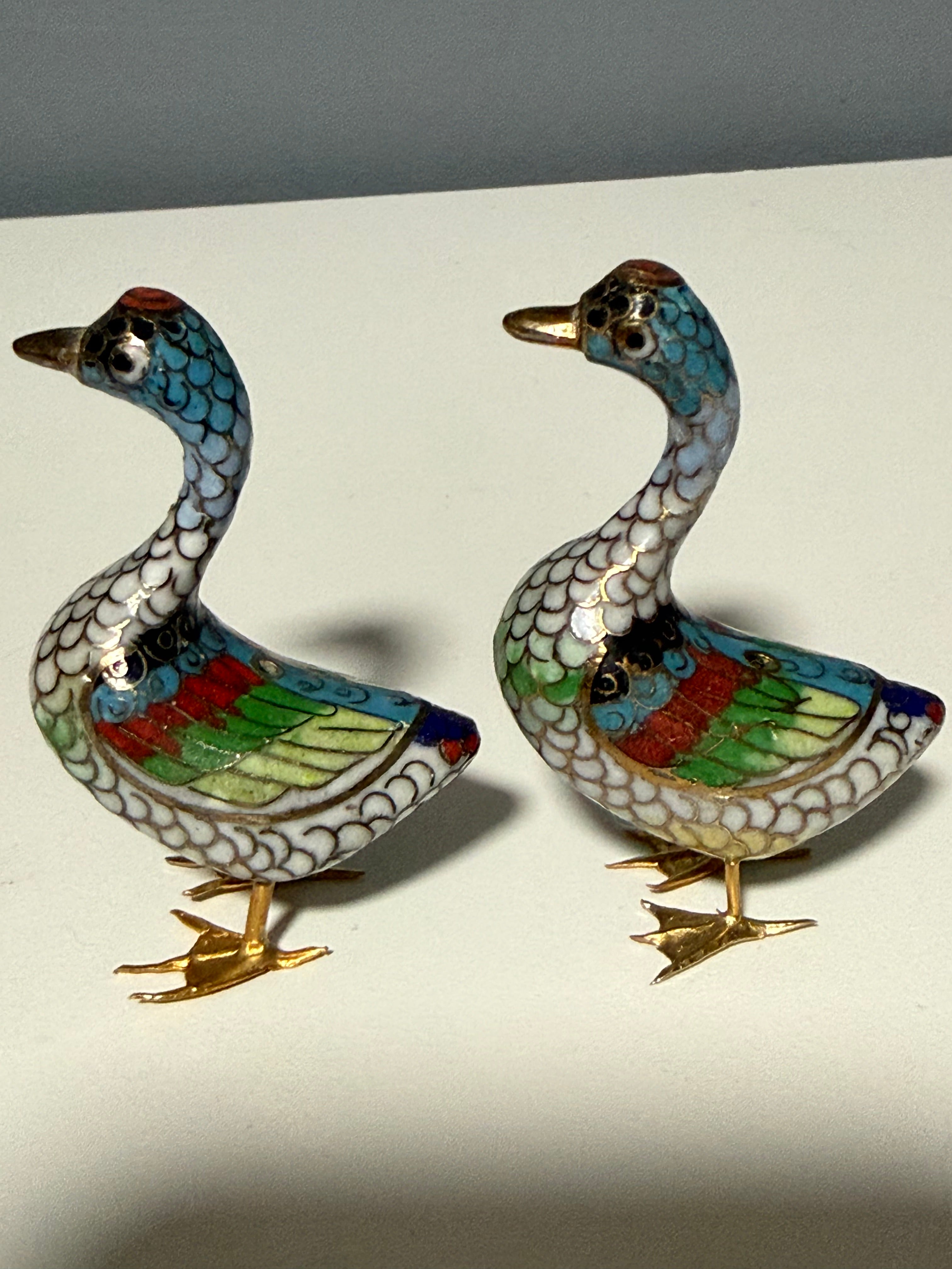 Vintage Hand-Wired Chinese Cloisonne Duck Pair Polychrome Enamel
