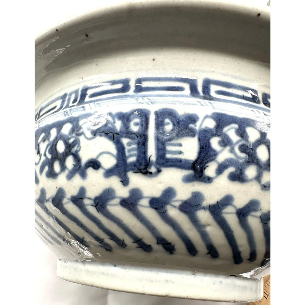 Large Antique 19th Century Chinese Blue and White Porcelain Censer Bowl 11 Inch