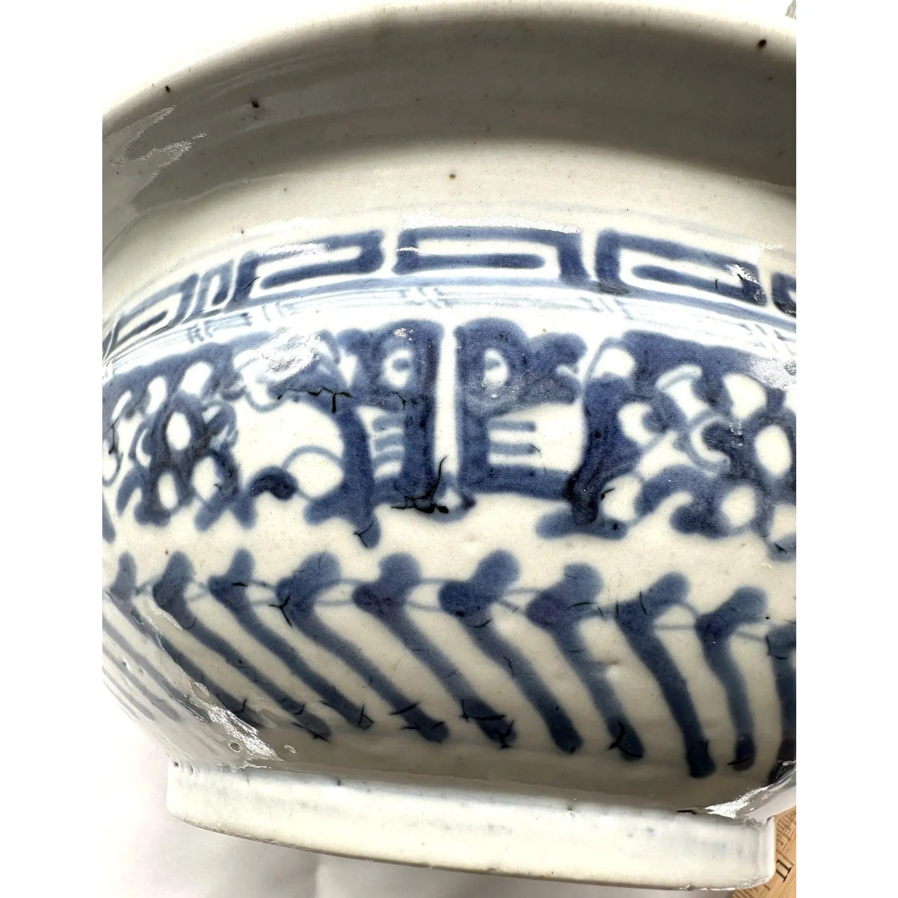Large Antique 19th Century Chinese Blue and White Porcelain Censer Bowl 11 Inch