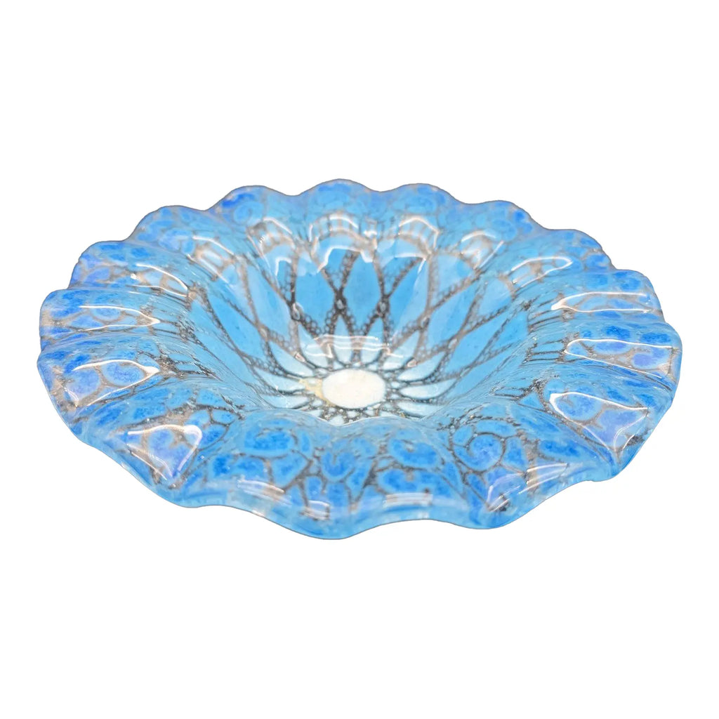 Mid-Century Sydenstricker 'Lace' Blue Ruffled Art Glass Bowl and Plate Set