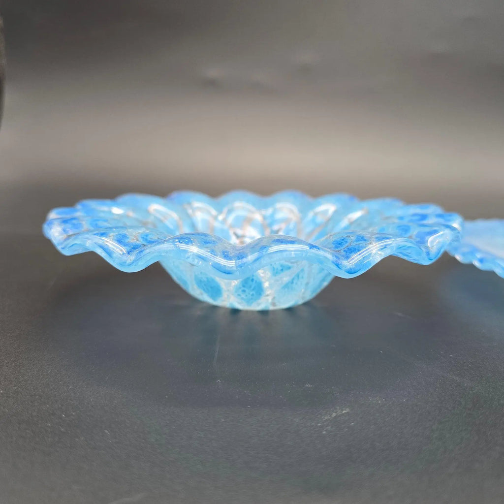 Mid-Century Sydenstricker 'Lace' Blue Ruffled Art Glass Bowl and Plate Set