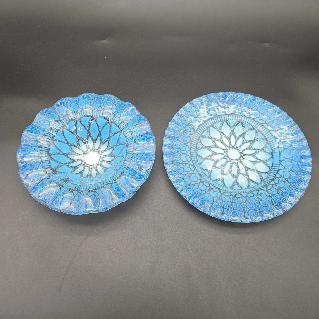 Mid-Century Sydenstricker 'Lace' Blue Ruffled Art Glass Bowl and Plate Set
