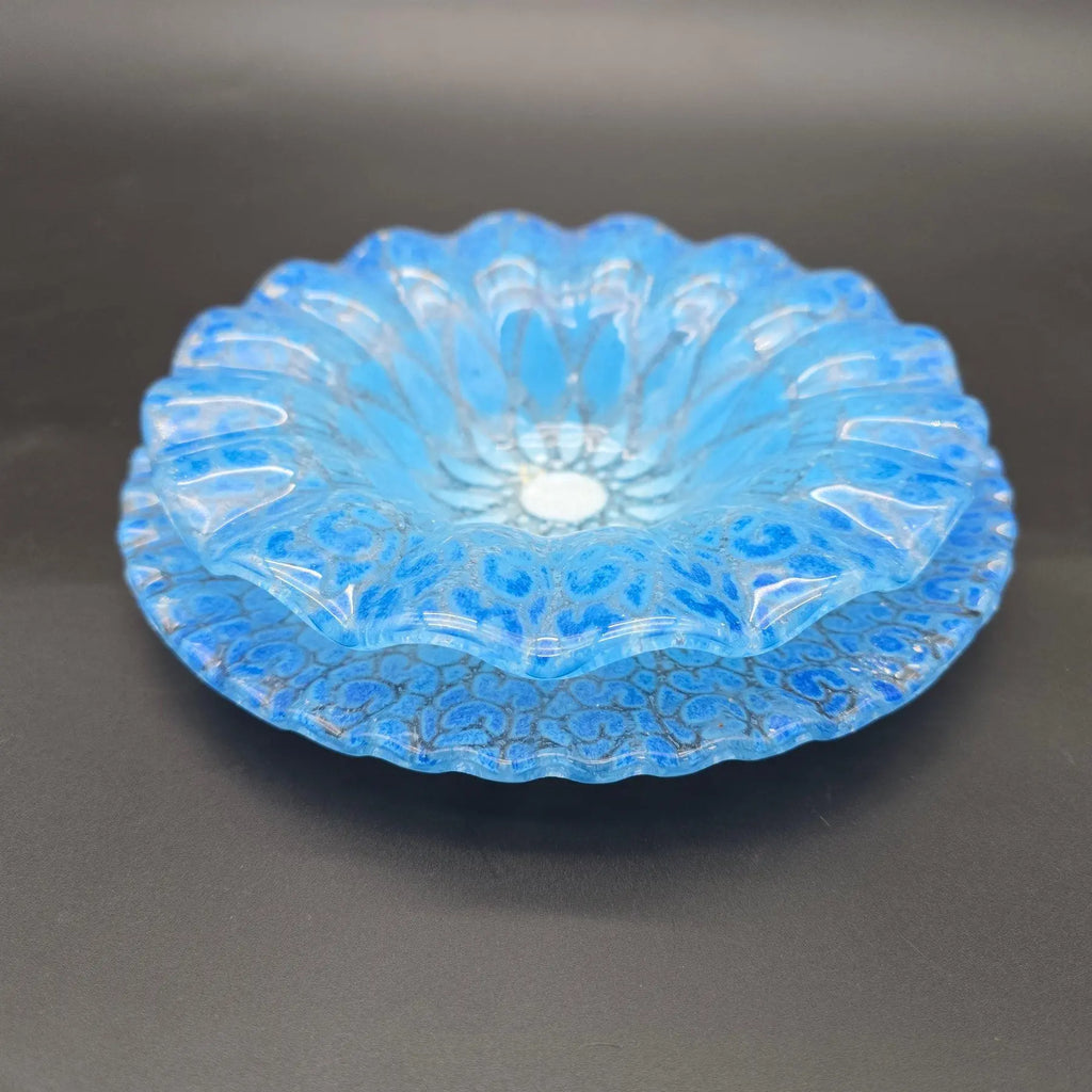 Mid-Century Sydenstricker 'Lace' Blue Ruffled Art Glass Bowl and Plate Set