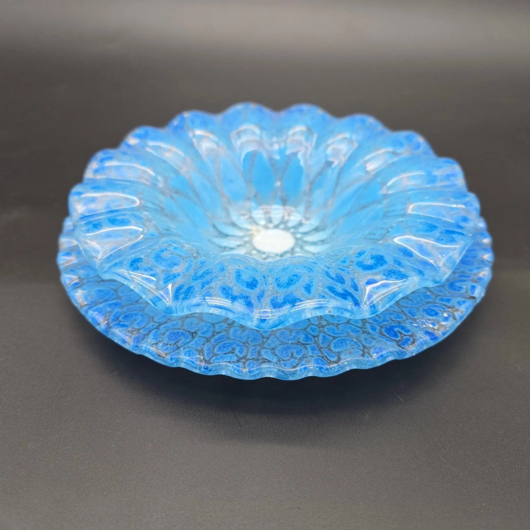 Mid-Century Sydenstricker 'Lace' Blue Ruffled Art Glass Bowl and Plate Set