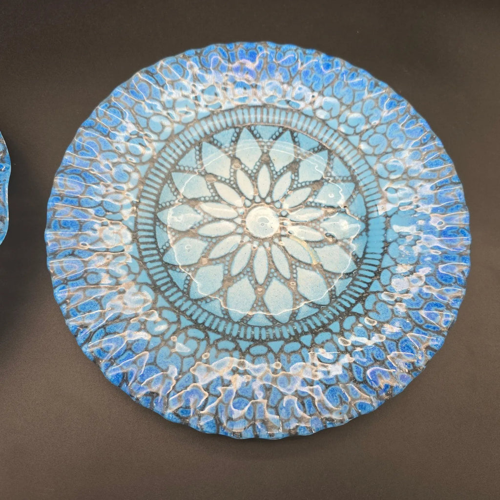 Mid-Century Sydenstricker 'Lace' Blue Ruffled Art Glass Bowl and Plate Set