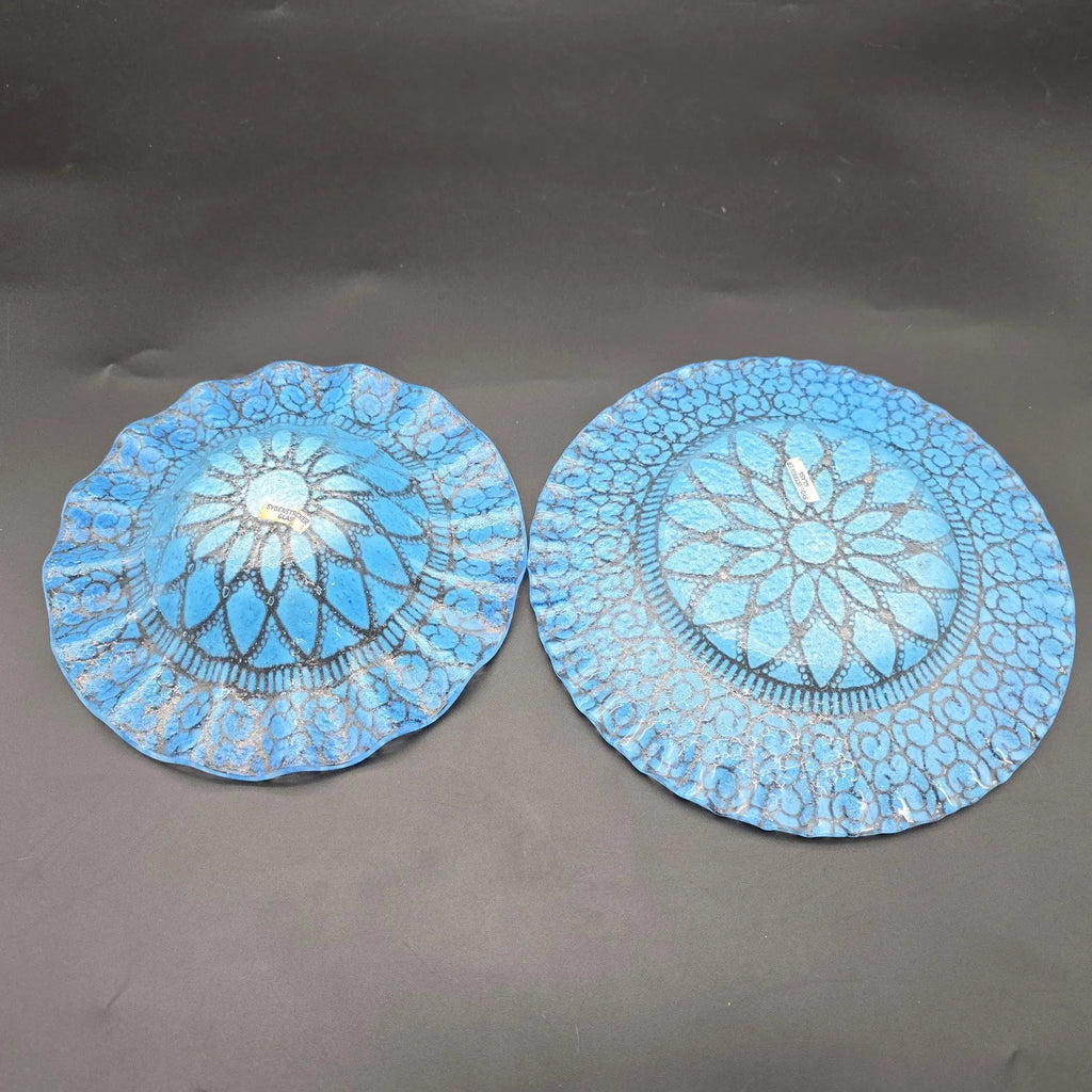 Mid-Century Sydenstricker 'Lace' Blue Ruffled Art Glass Bowl and Plate Set