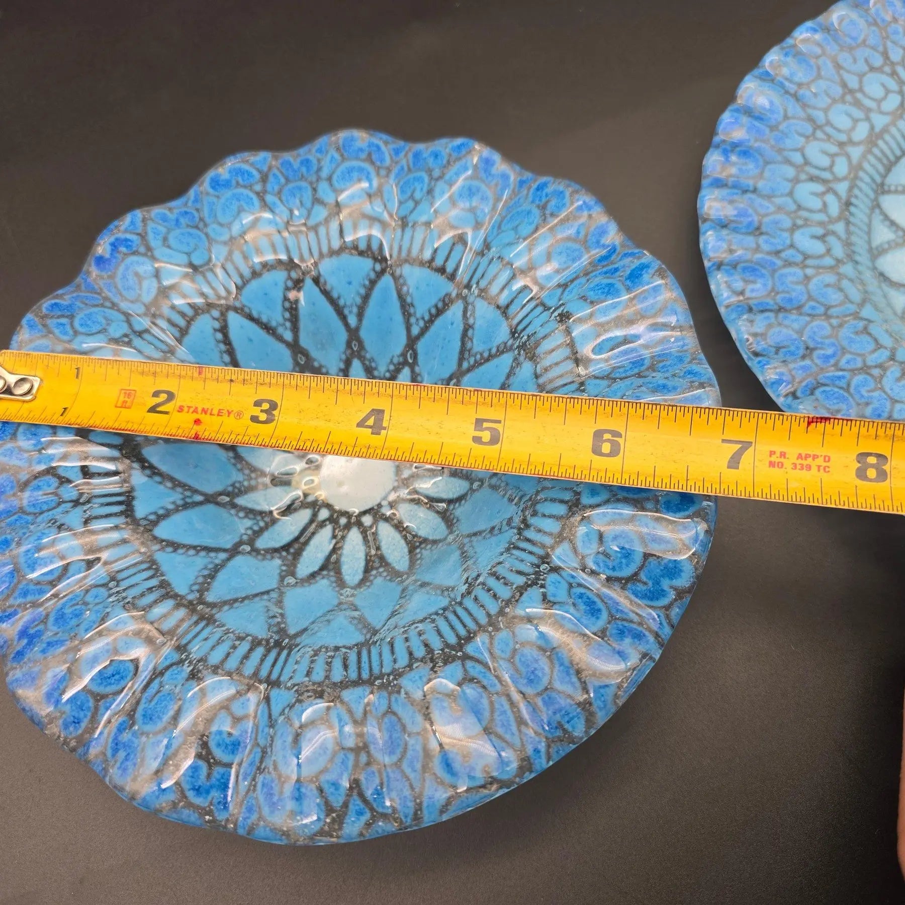 Mid-Century Sydenstricker 'Lace' Blue Ruffled Art Glass Bowl and Plate Set
