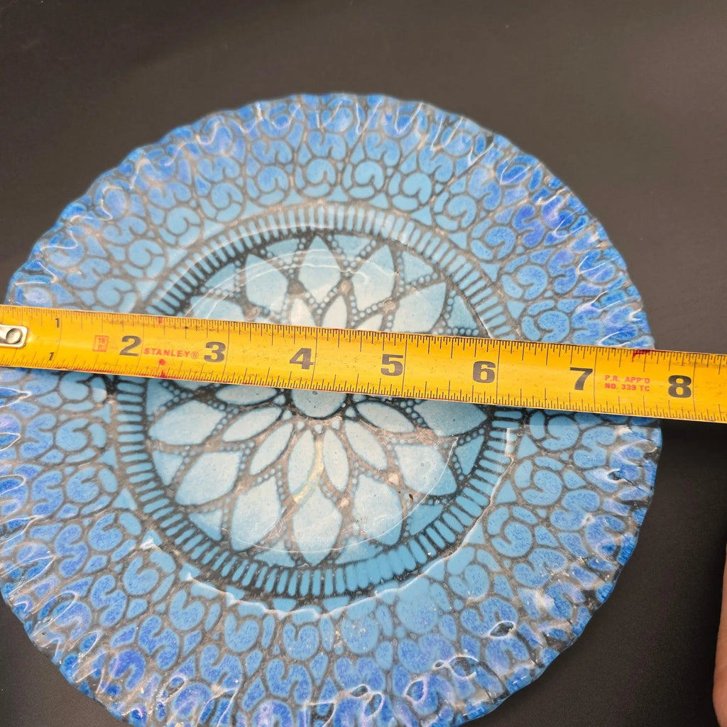 Mid-Century Sydenstricker 'Lace' Blue Ruffled Art Glass Bowl and Plate Set