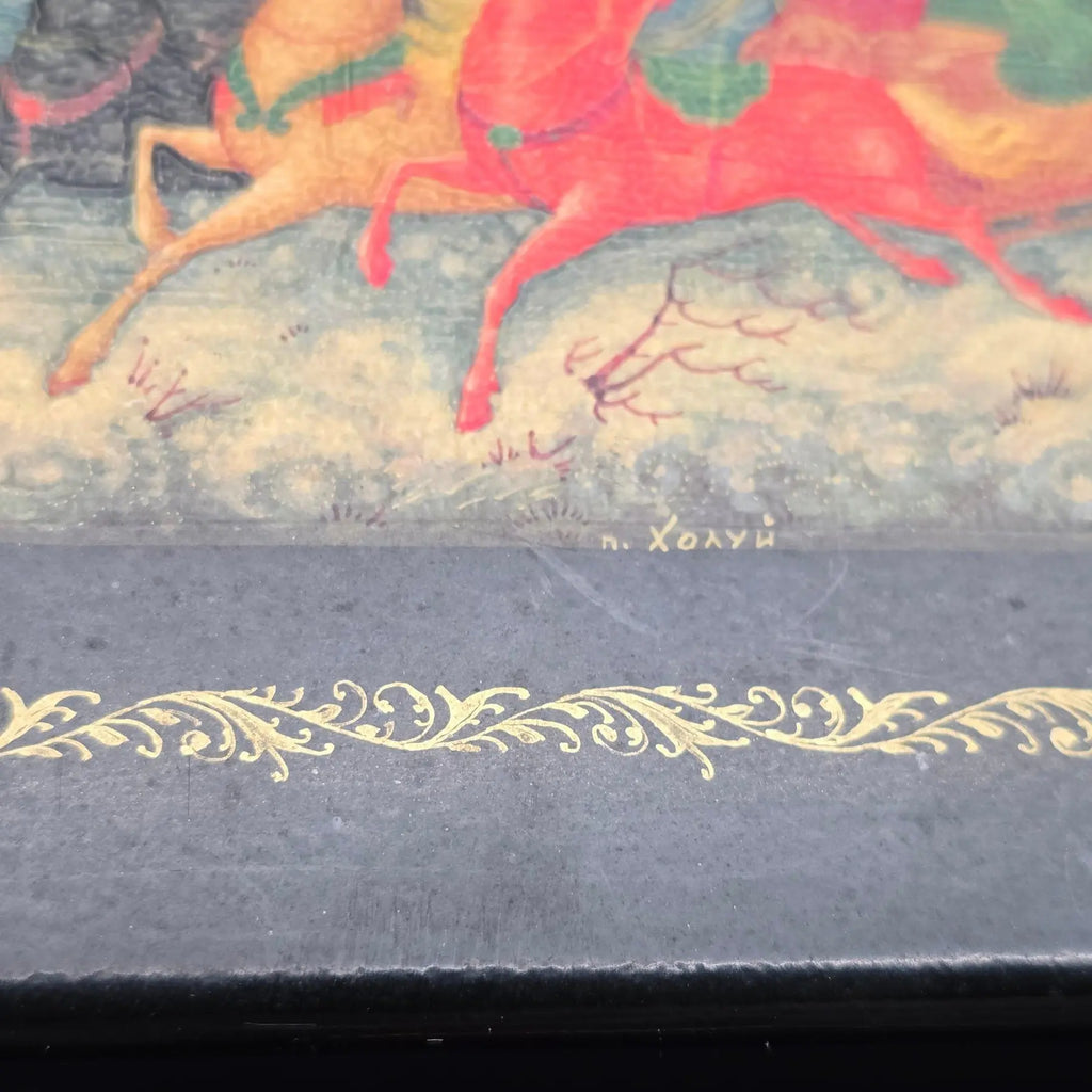 Vintage Hand-Painted Kholuy Lacquer Box – "Troika" Scene by Artist Lovkachev