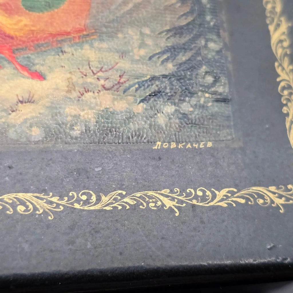 Vintage Hand-Painted Kholuy Lacquer Box – "Troika" Scene by Artist Lovkachev