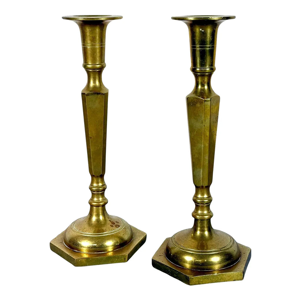 Mid-Century Modern Tall Faceted Brass Candlesticks - A Pair