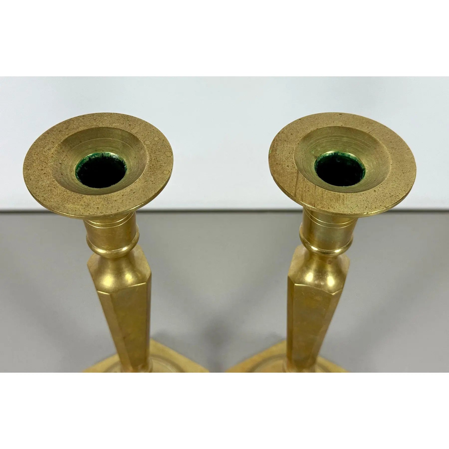 Mid-Century Modern Tall Faceted Brass Candlesticks - A Pair