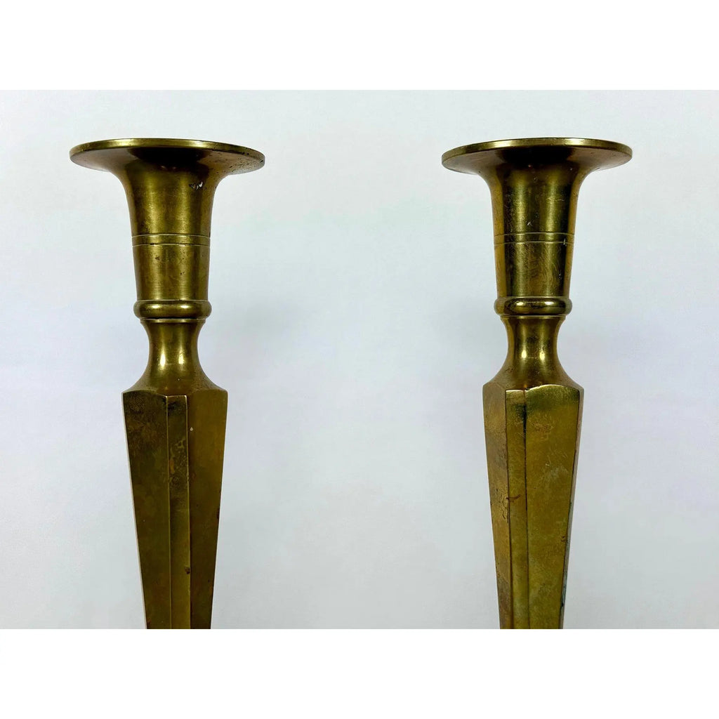 Mid-Century Modern Tall Faceted Brass Candlesticks - A Pair