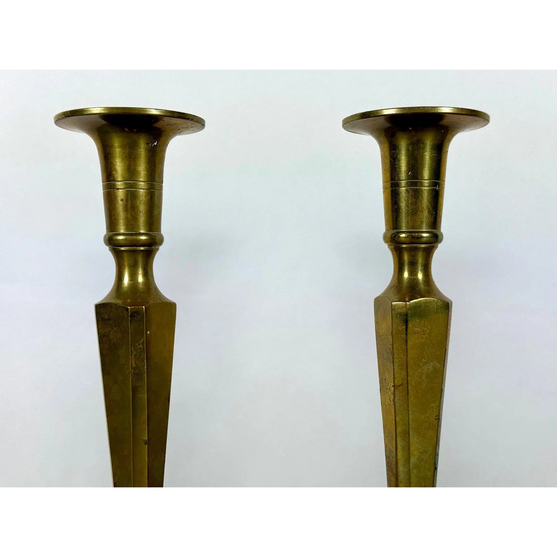Mid-Century Modern Tall Faceted Brass Candlesticks - A Pair