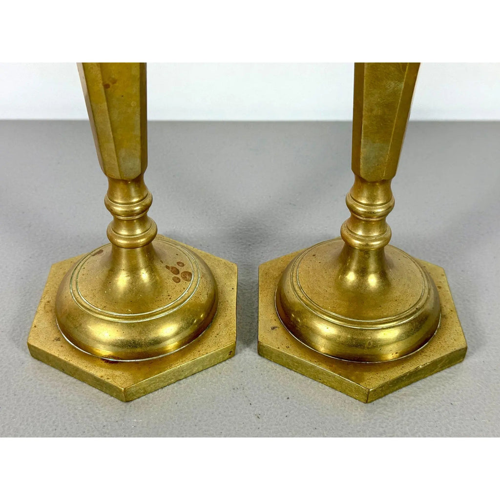 Mid-Century Modern Tall Faceted Brass Candlesticks - A Pair