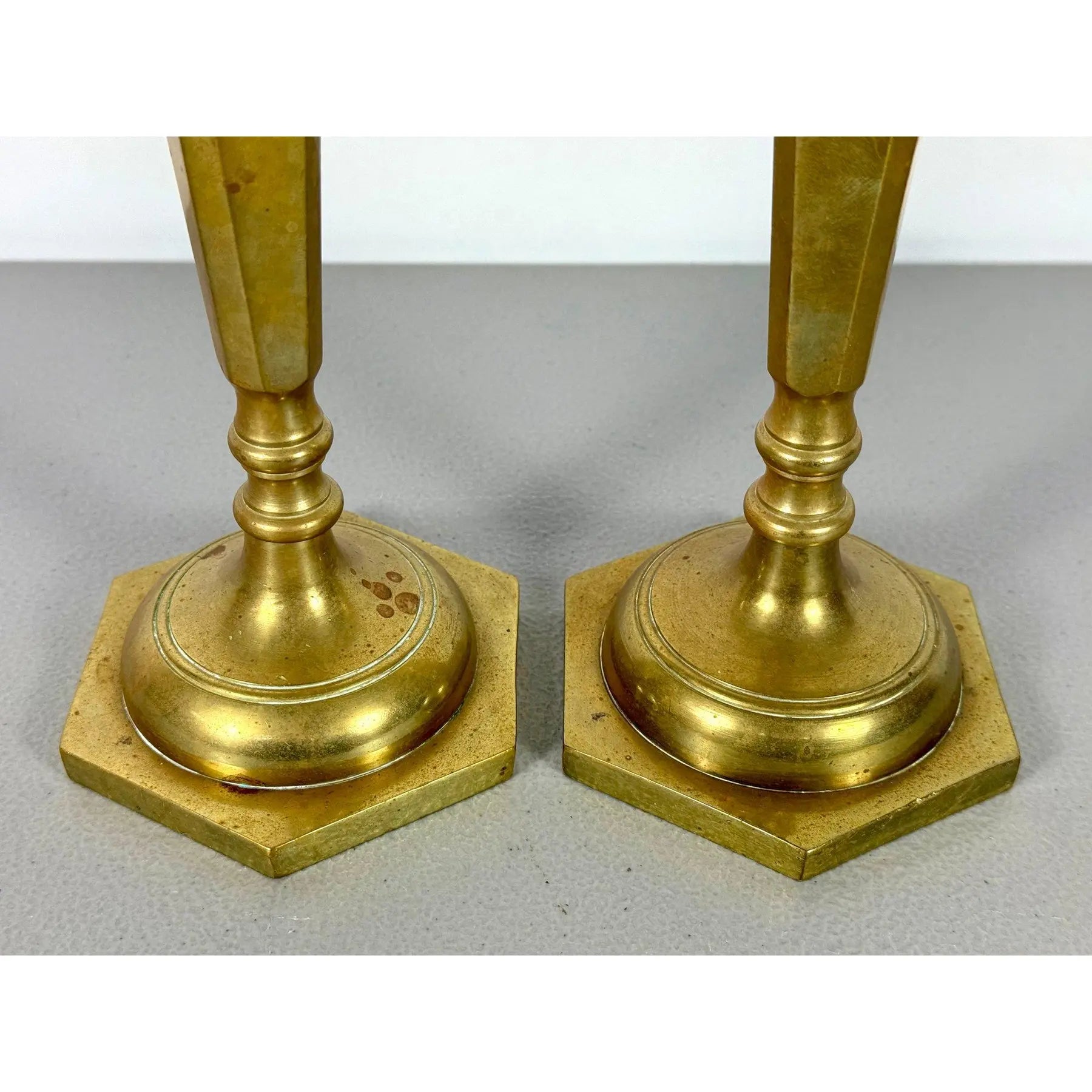 Mid-Century Modern Tall Faceted Brass Candlesticks - A Pair