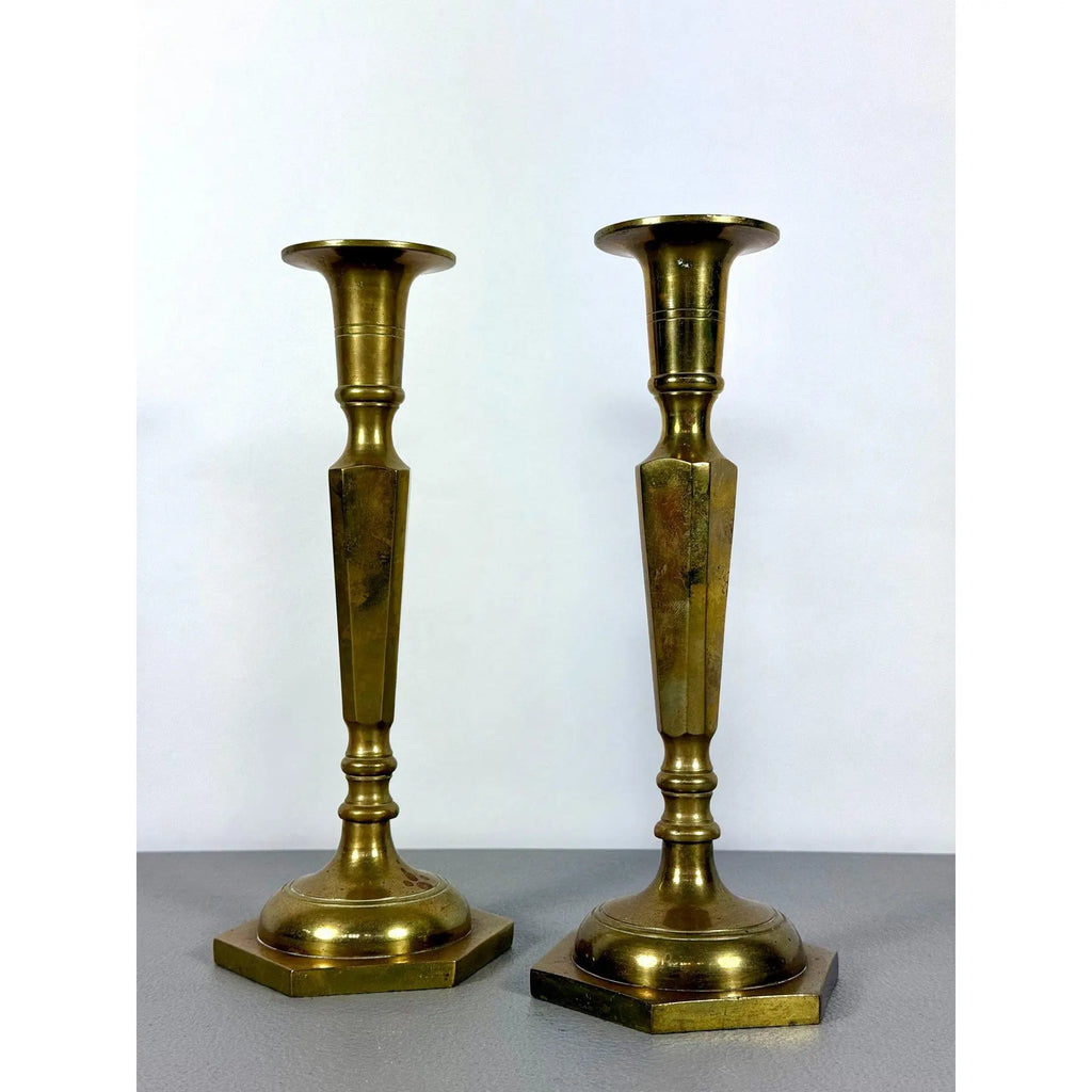 Mid-Century Modern Tall Faceted Brass Candlesticks - A Pair
