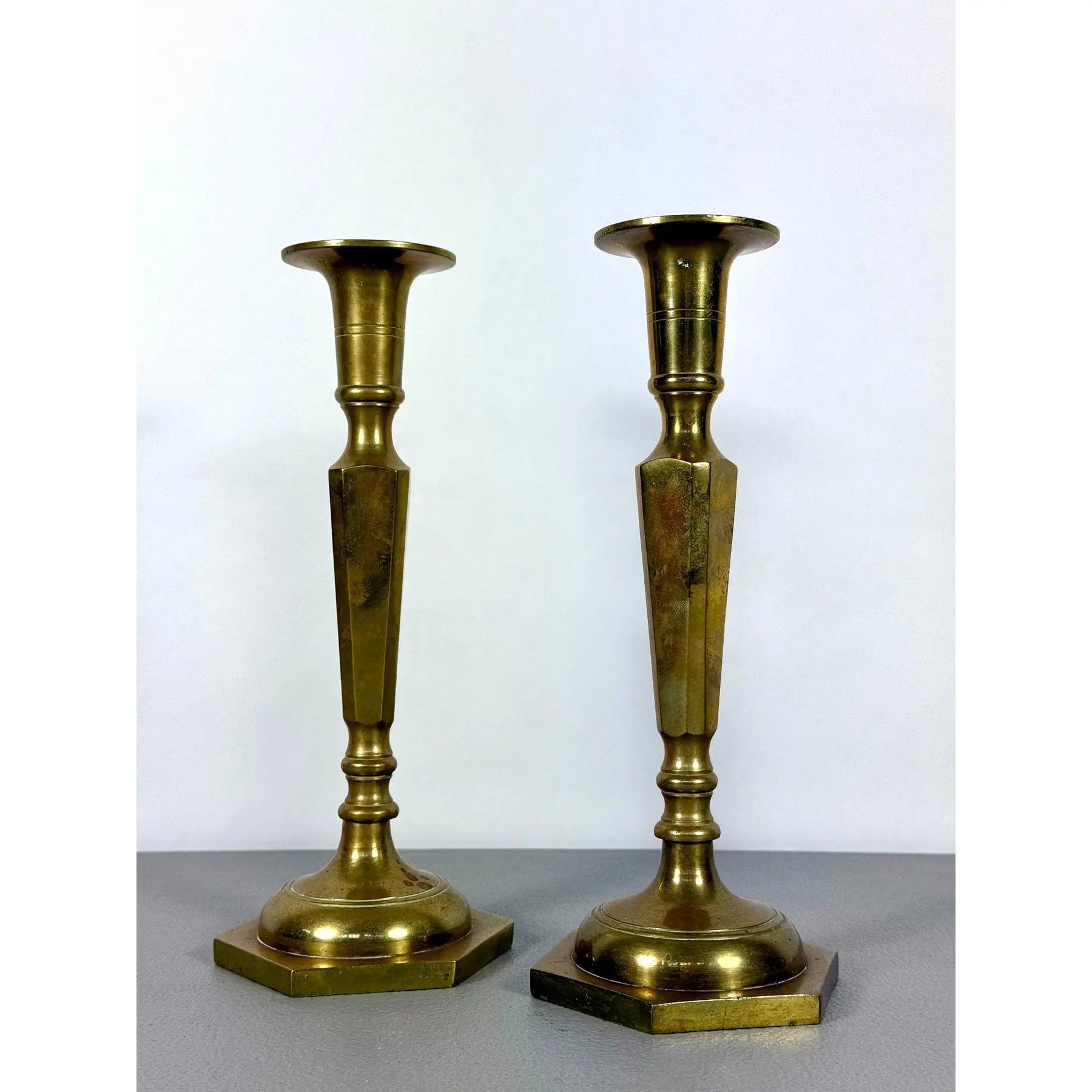 Mid-Century Modern Tall Faceted Brass Candlesticks - A Pair