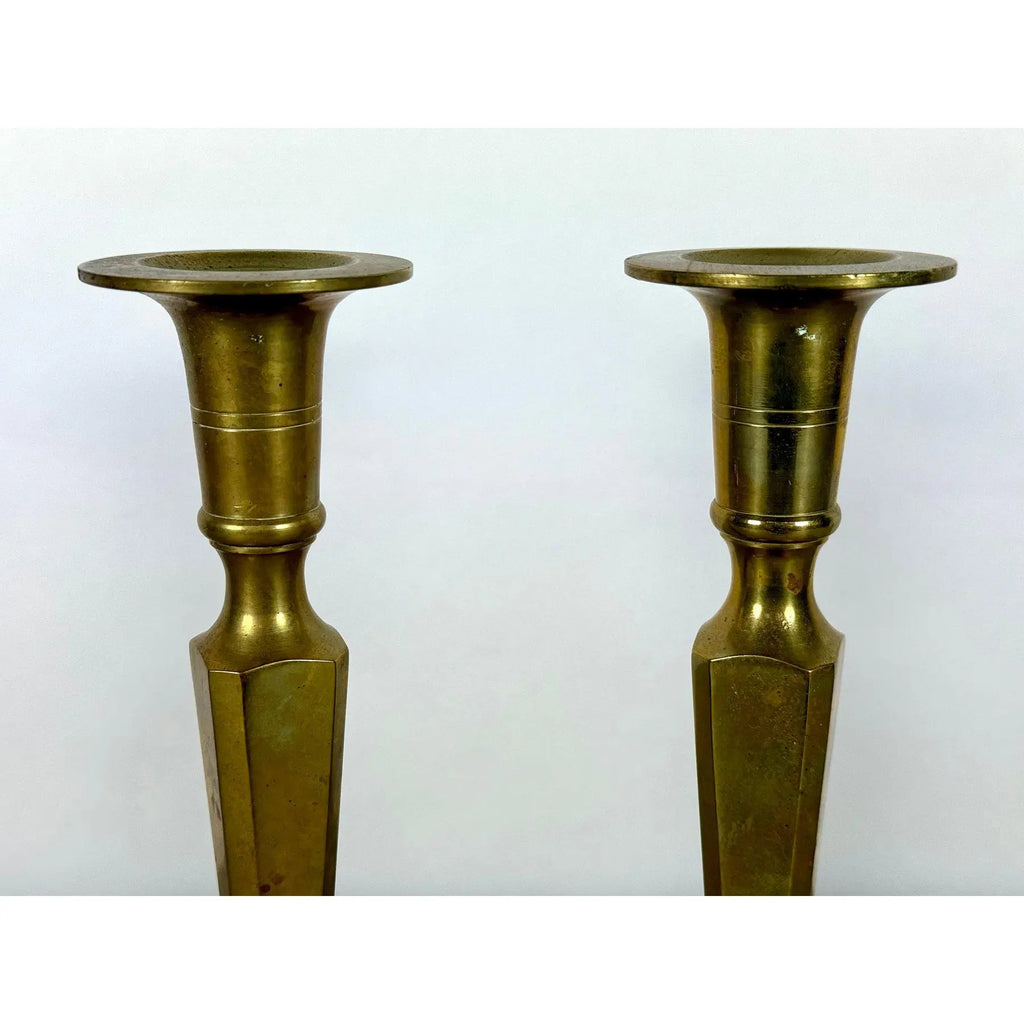 Mid-Century Modern Tall Faceted Brass Candlesticks - A Pair