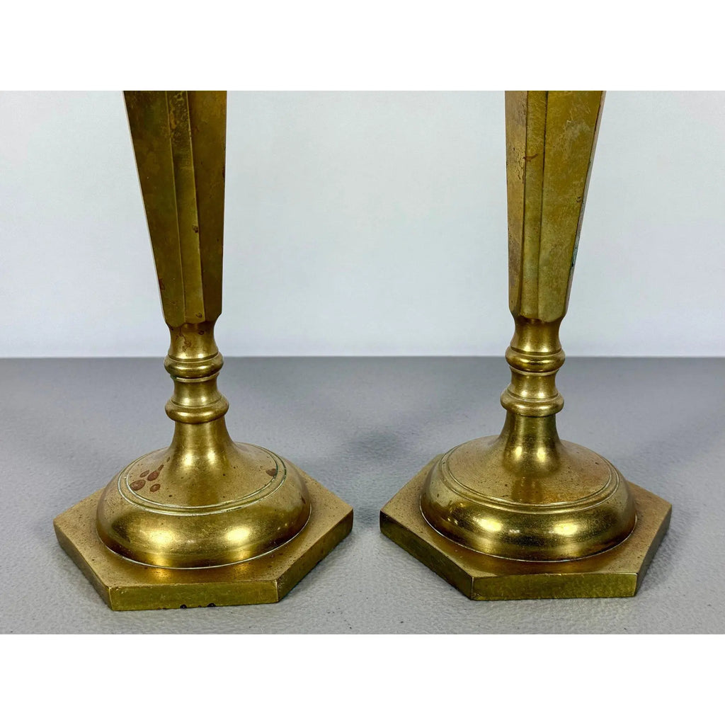 Mid-Century Modern Tall Faceted Brass Candlesticks - A Pair