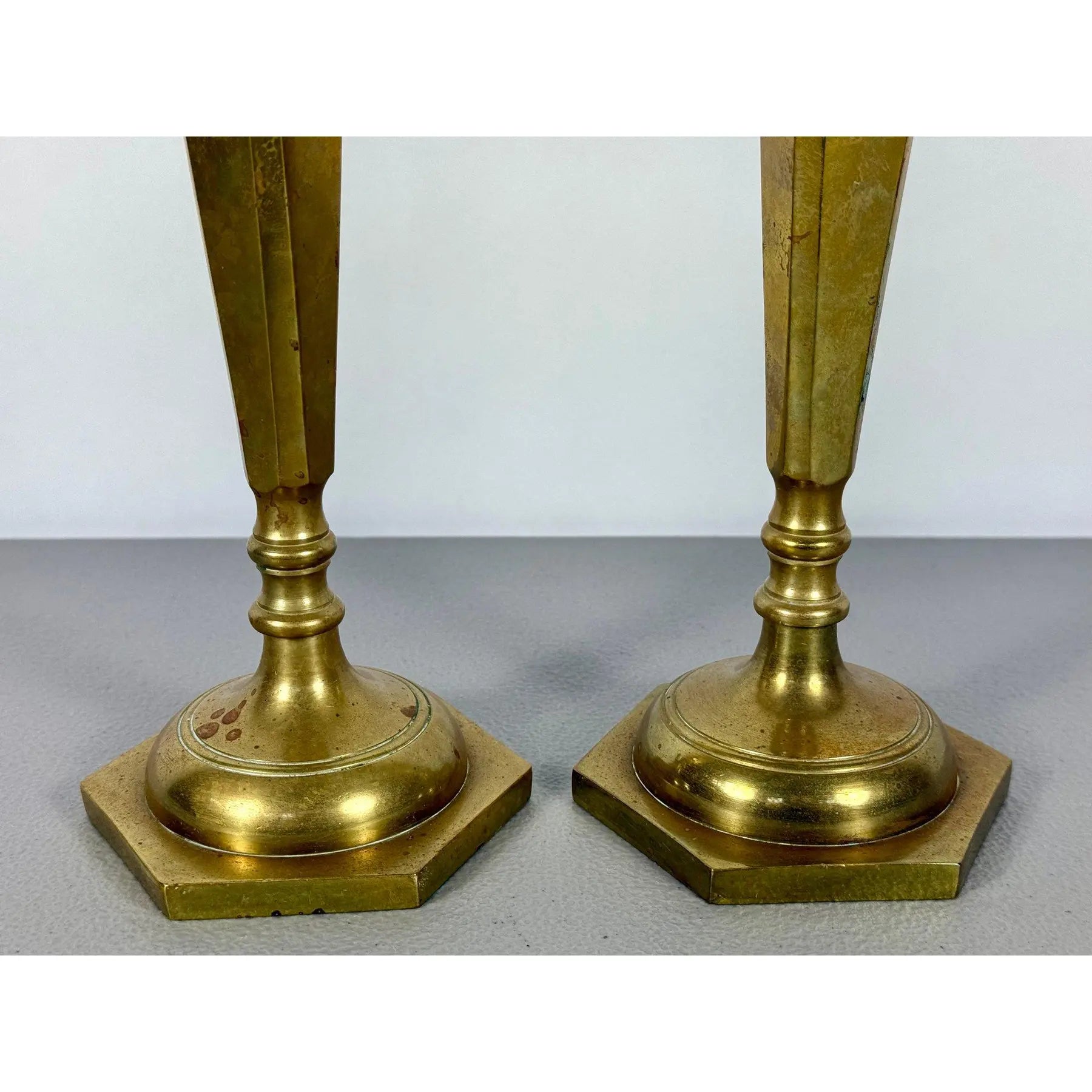 Mid-Century Modern Tall Faceted Brass Candlesticks - A Pair
