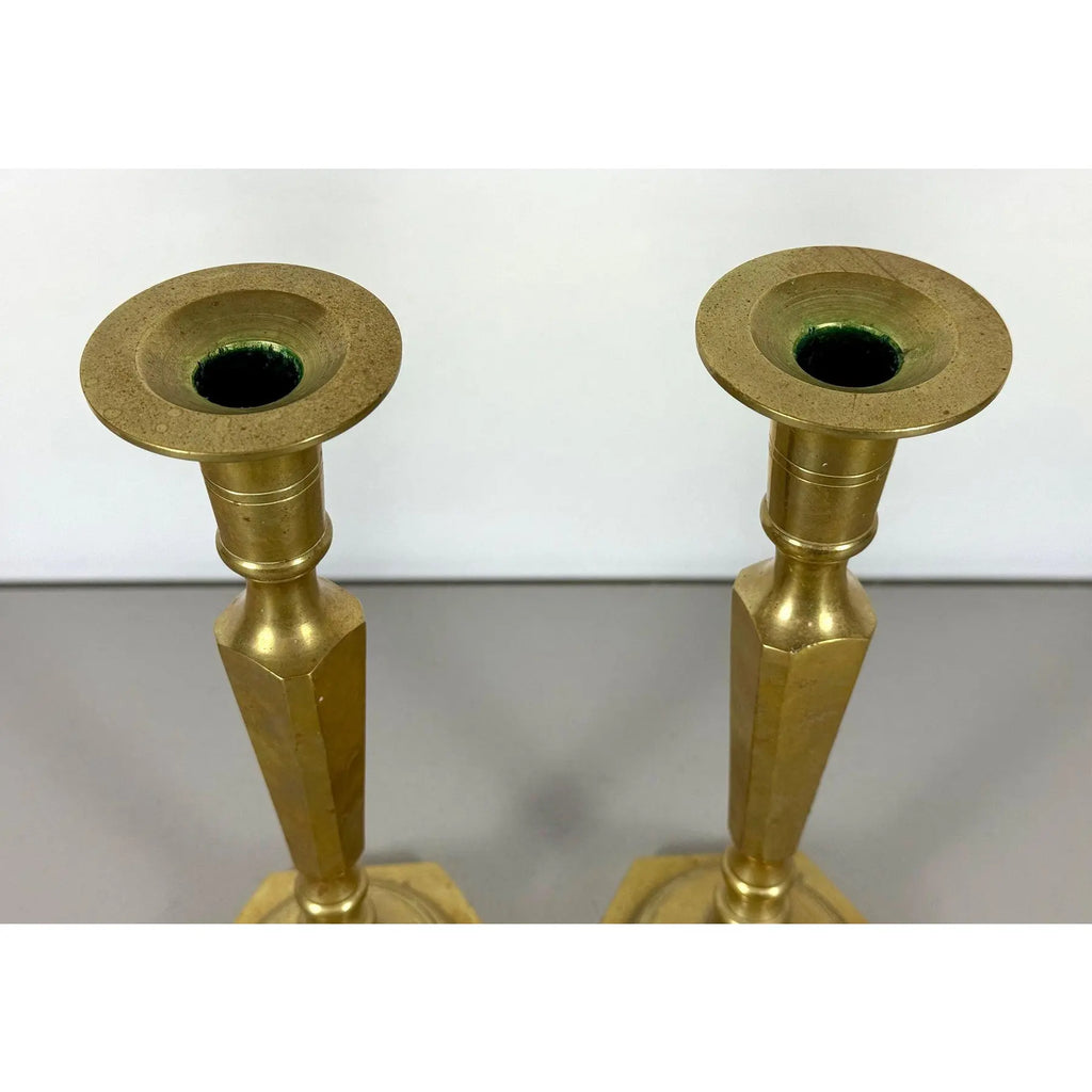 Mid-Century Modern Tall Faceted Brass Candlesticks - A Pair