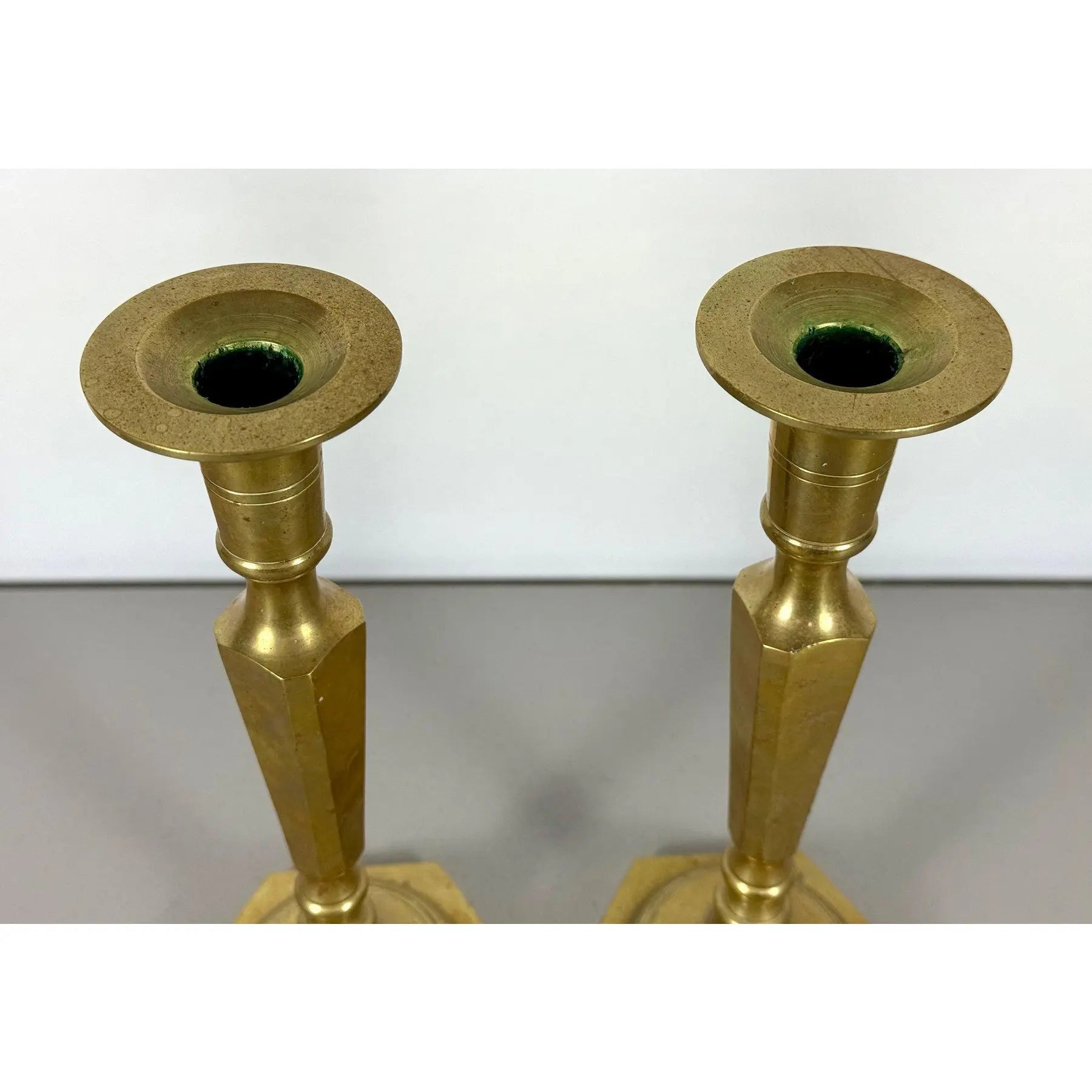 Mid-Century Modern Tall Faceted Brass Candlesticks - A Pair