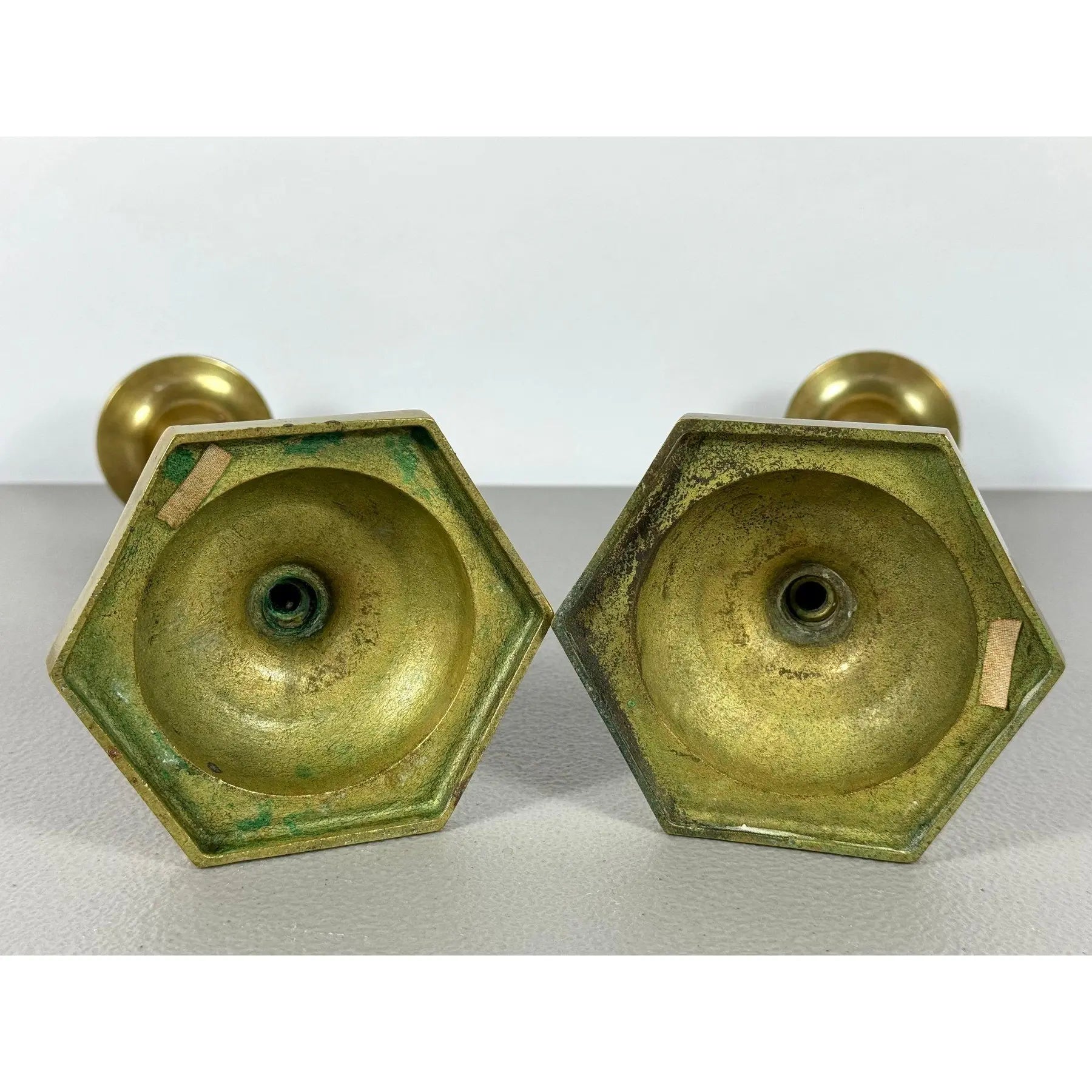 Mid-Century Modern Tall Faceted Brass Candlesticks - A Pair