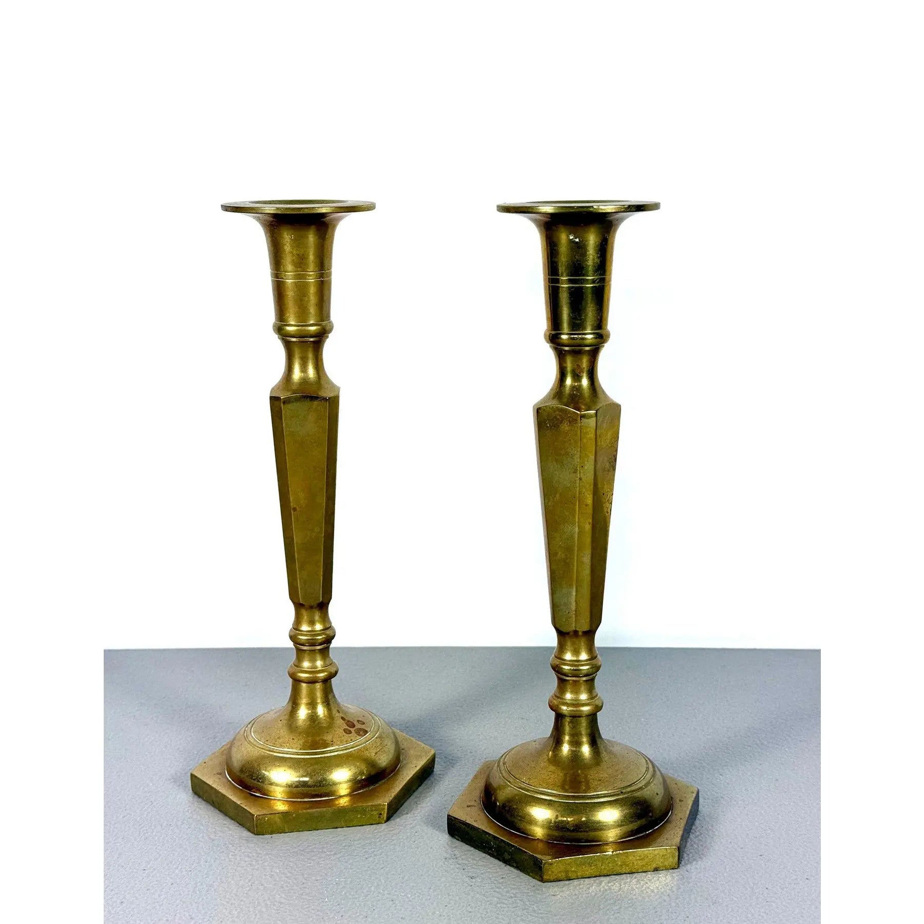 Mid-Century Modern Tall Faceted Brass Candlesticks - A Pair