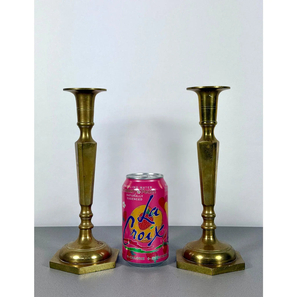 Mid-Century Modern Tall Faceted Brass Candlesticks - A Pair
