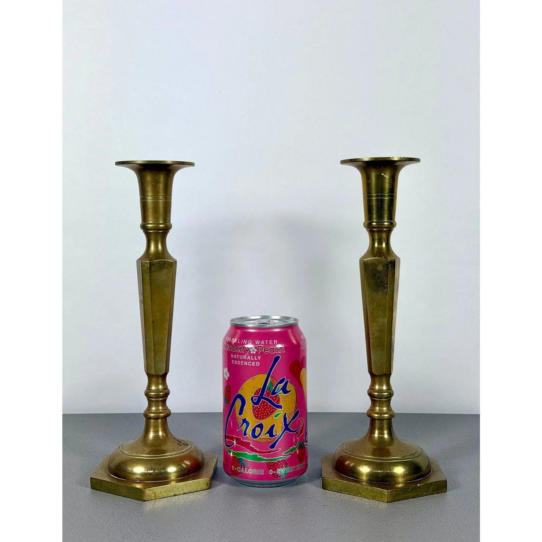 Mid-Century Modern Tall Faceted Brass Candlesticks - A Pair