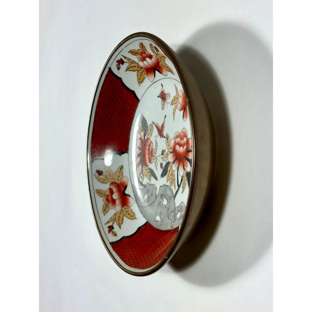 Vintage Mid-Century Chinese Brass-Encased Hand-Painted Porcelain Bowl